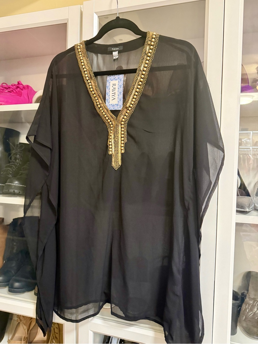 Raviya Beaded Sheer Swim Cover-Up Tunic – Black with Gold Beaded V-Neck
